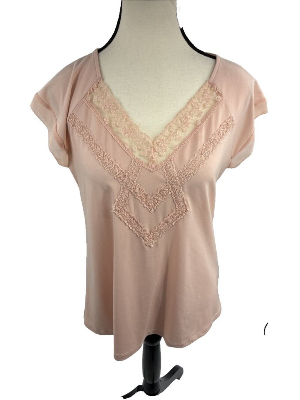 New York & Company Womens Blouse Lace V Neck Pink Short Sleeve Size S